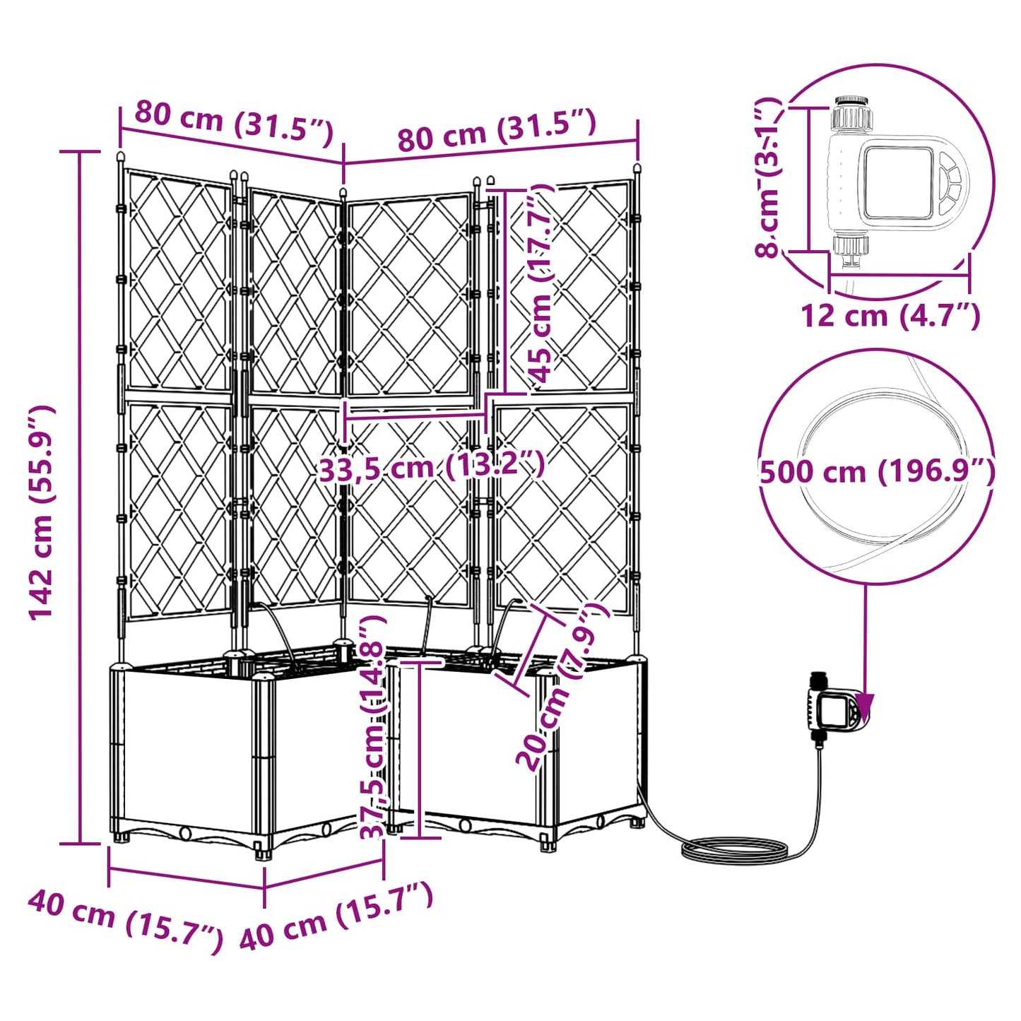 vidaXL Garden Planter 3 pcs Grey 80 x 80 x 142 cm PP