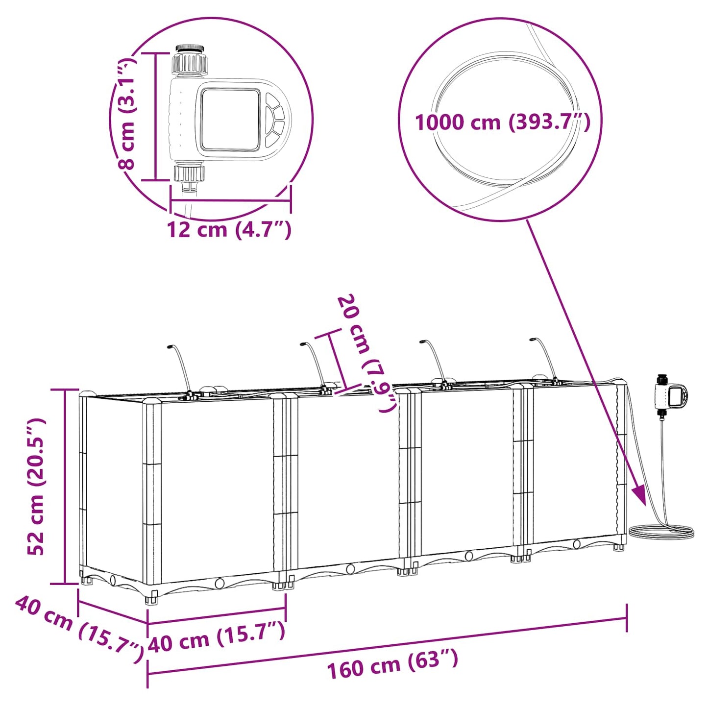 vidaXL Garden Planter 4 pcs Grey 160 x 40 x 52 cm PP
