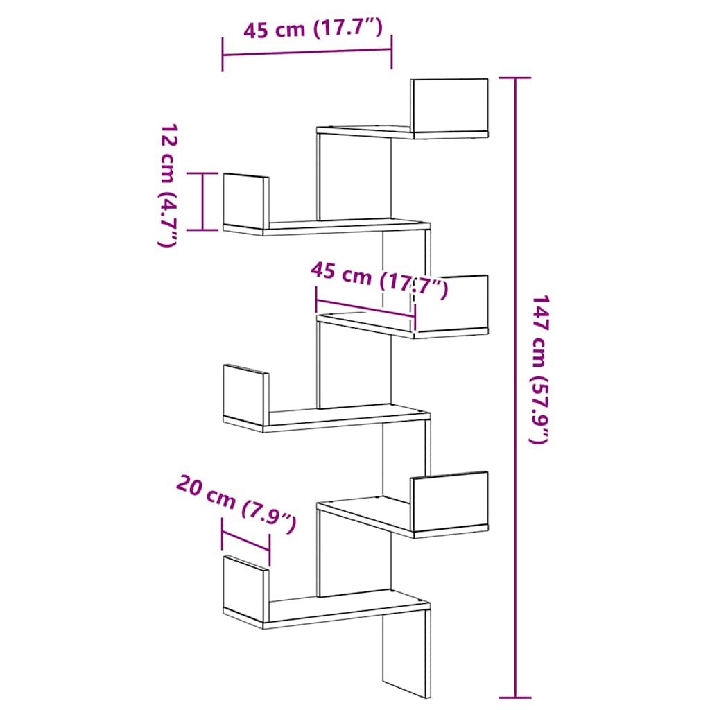 vidaXL Wall Corner Shelf with Shelf Black Oak 45 x 45 x 147 cm