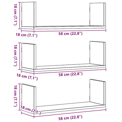 vidaXL Wall Shelves 3 pcs Black Oak 58x18x18 cm Engineered Wood