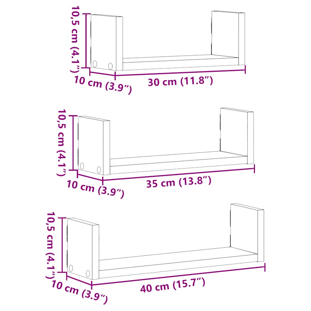 vidaXL Wall Shelves 3 pcs Black Oak Engineered Wood
