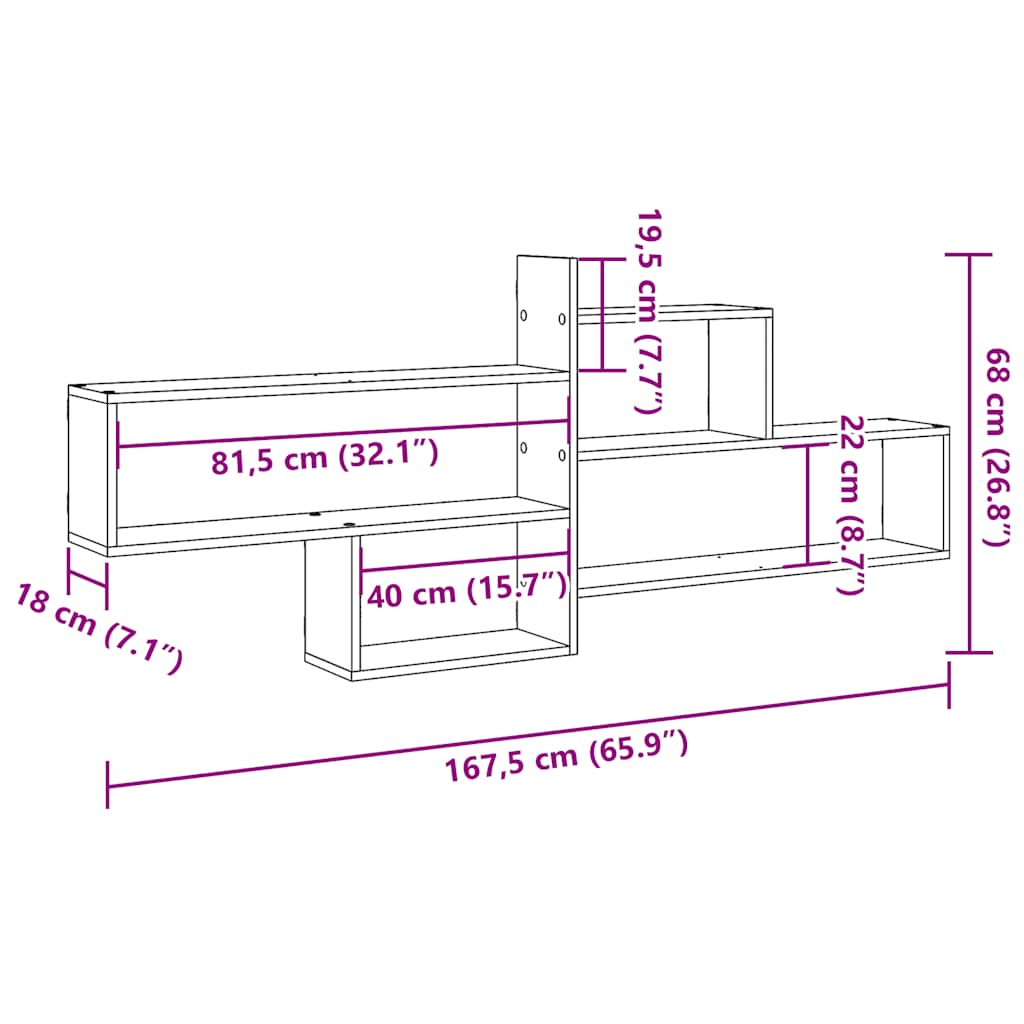 vidaXL Wall Shelf Black Oak 167.5x18x68 cm Engineered Wood