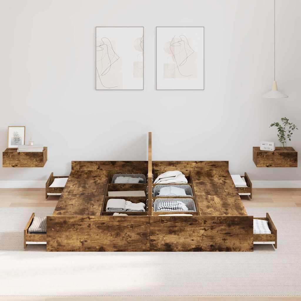 vidaXL Storage Bed Frame Smoked Oak 150 x 200 cm Engineered Wood