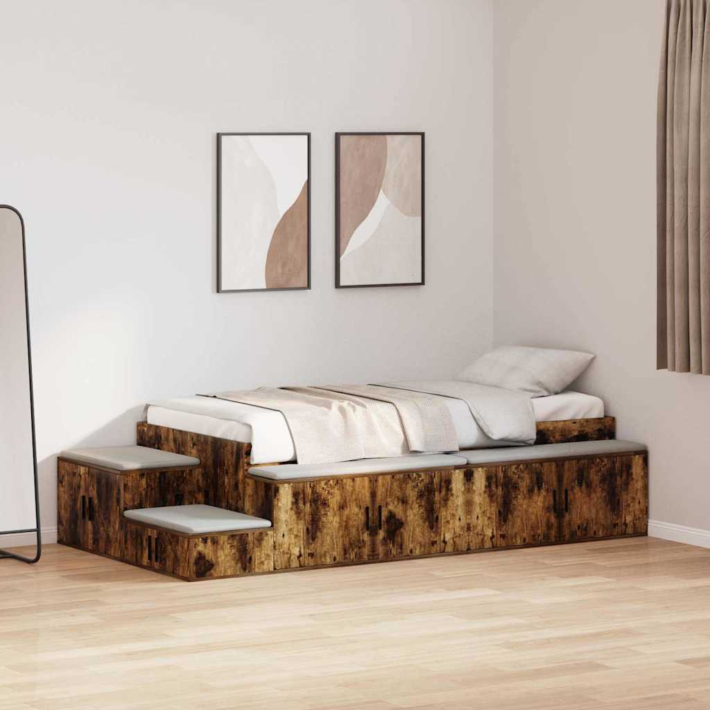 vidaXL Storage Bed Frame with Storage Smoked Oak 90 cm Engineered Wood