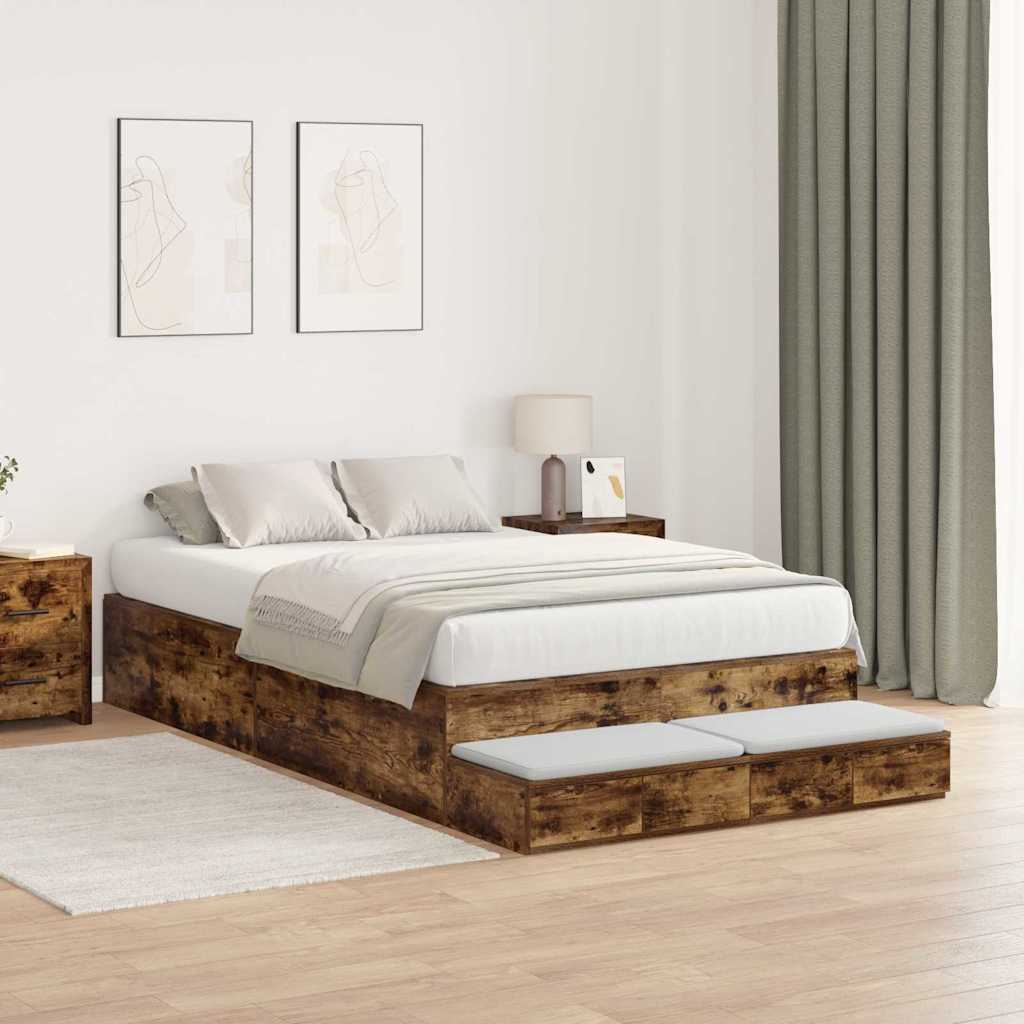 vidaXL Storage Bed Frame with Drawer Smoked Oak 120 cm Engineered Wood