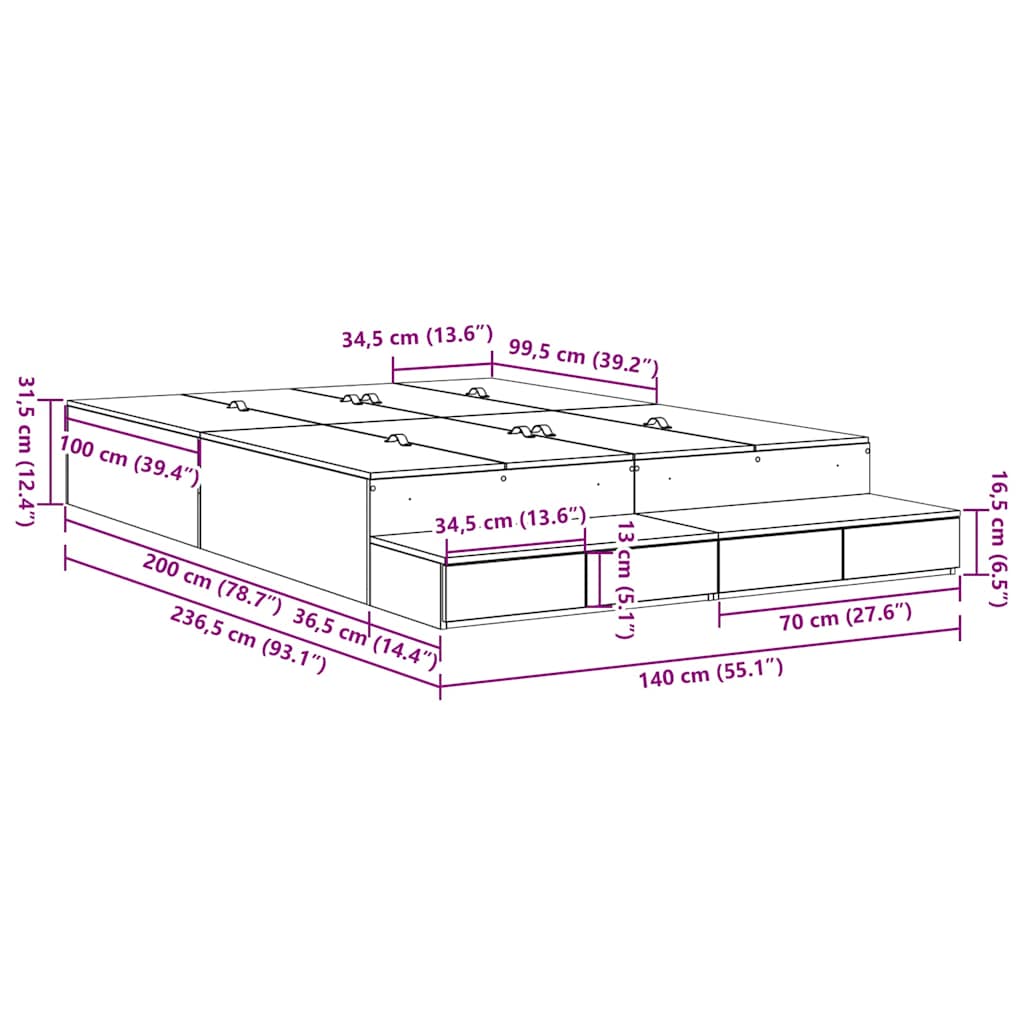 vidaXL Storage Bed Frame Grey Sonoma 140 cm Engineered Wood