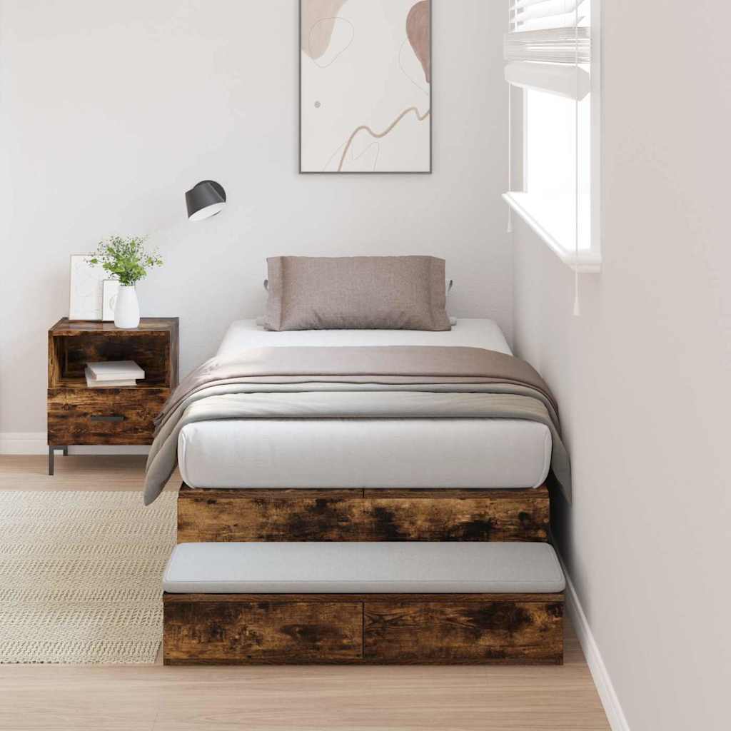 vidaXL Storage Bed Frame with Drawer Smoked Oak 90 cm Engineered Wood