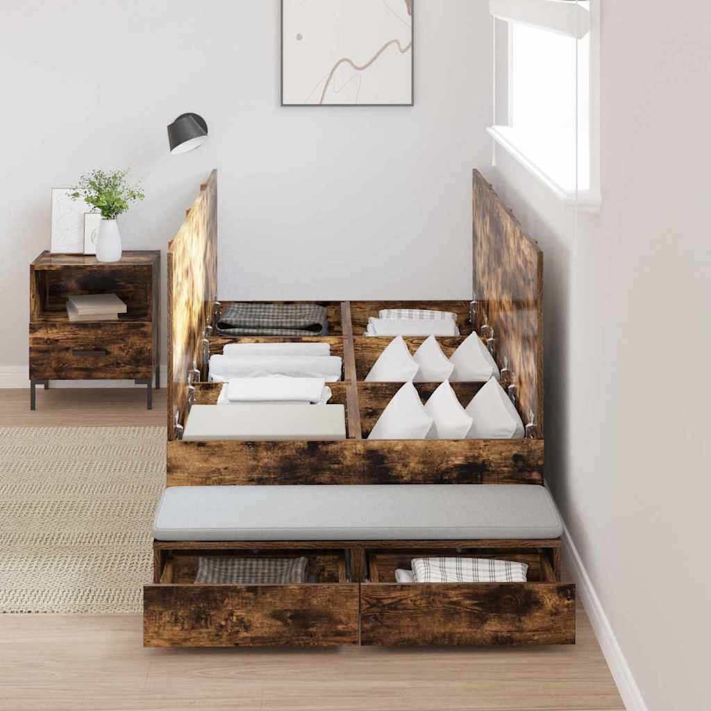 vidaXL Storage Bed Frame with Drawer Smoked Oak 90 cm Engineered Wood