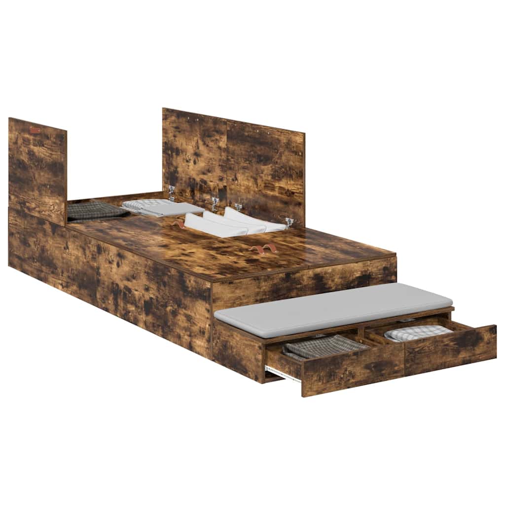 vidaXL Storage Bed Frame with Drawer Smoked Oak 90 cm Engineered Wood