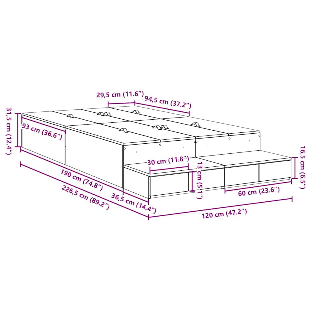 vidaXL Storage Bed Frame Concrete Grey 120 cm Engineered Wood