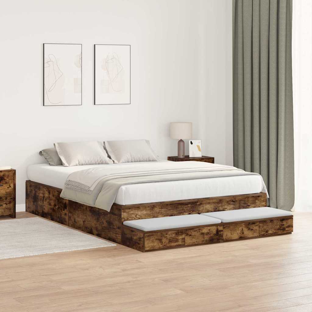 vidaXL Storage Bed Frame with Drawer Smoked Oak 135 cm Engineered Wood