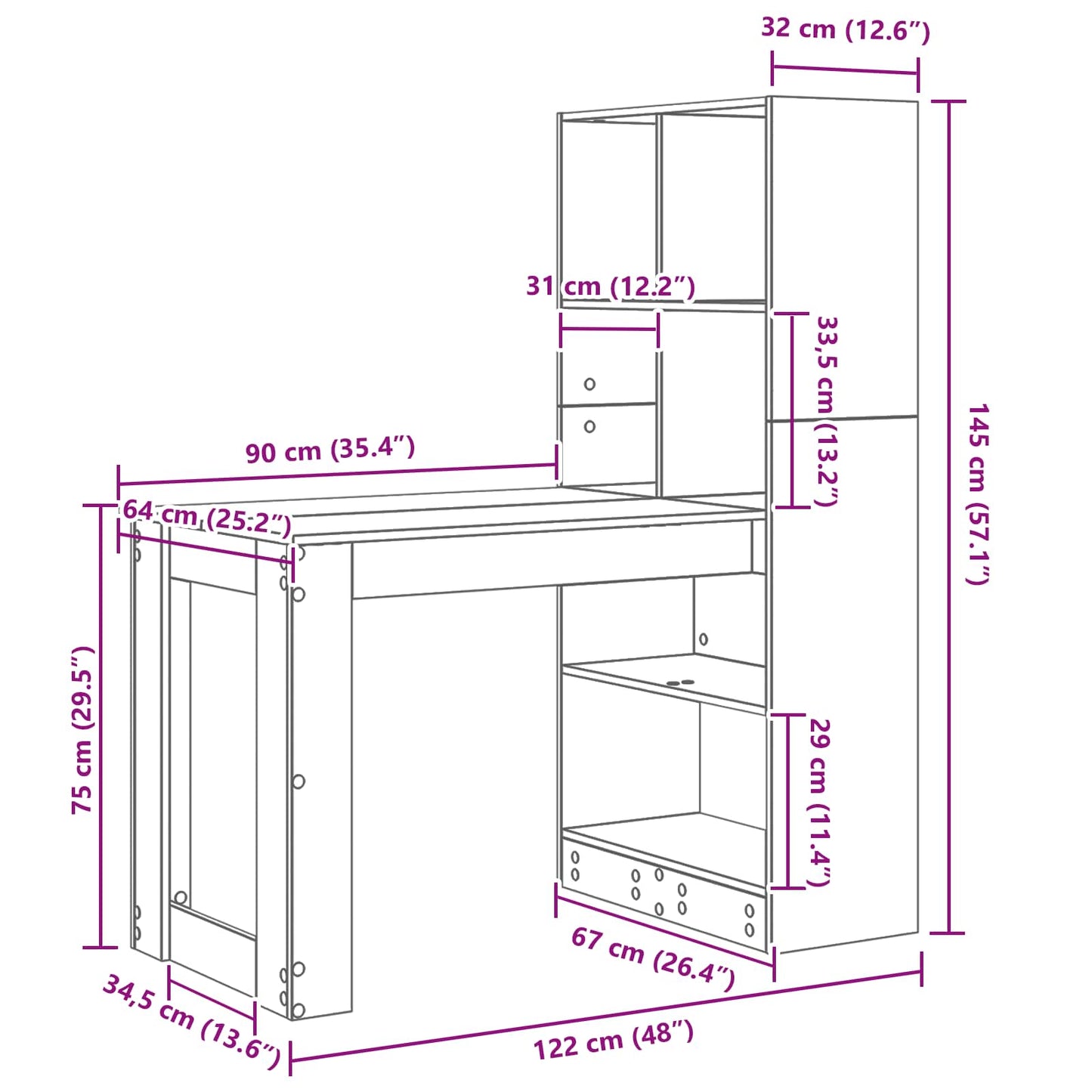 vidaXL Desk with Shelf White 122 x 67 x 145 cm Engineered Wood