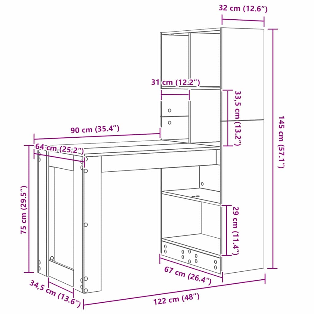 vidaXL Desk Smoked Oak Engineered Wood 122 x 67 x 145 cm