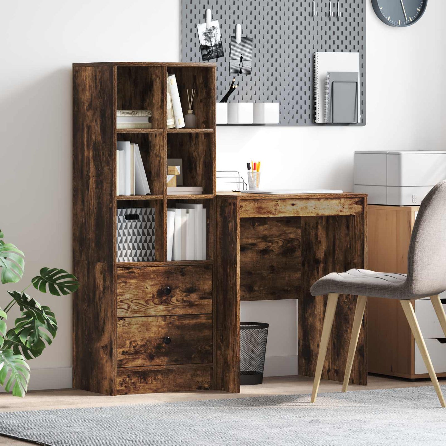 vidaXL Desk with Drawer with Shelf with Storage 2 pcs Smoked Oak
