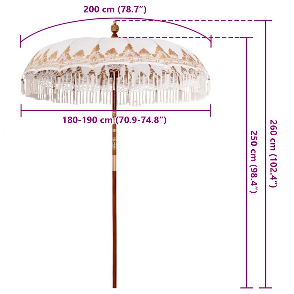 vidaXL Balinese Parasol Cream 190 x 190 x 260 cm Cotton and solid wood