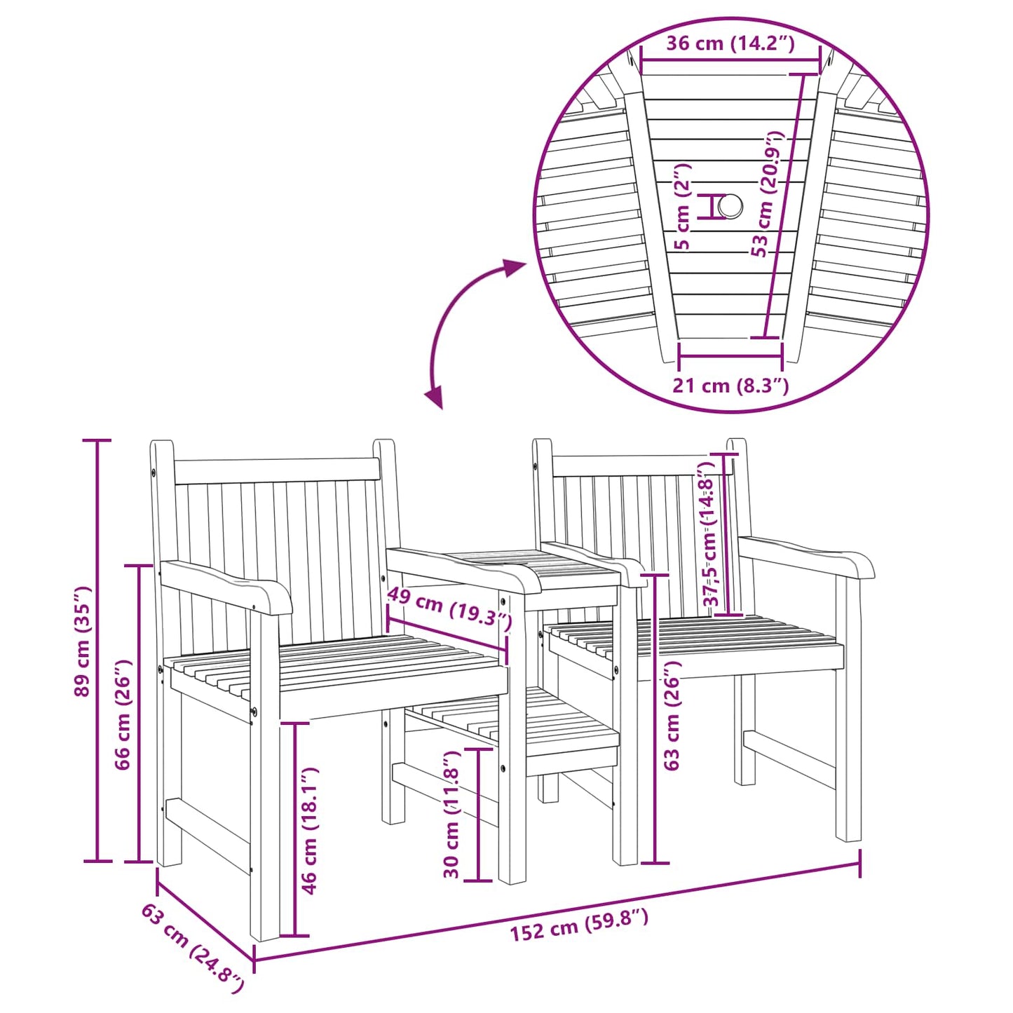vidaXL Garden Outdoor Chairs 152 x 63 x 89 cm Solid Teak Wood
