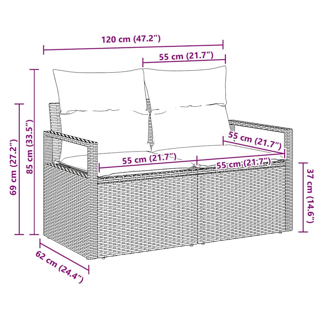 vidaXL Garden Sofa with Cushion Grey 120 x 62 x 69cm Poly Rattan