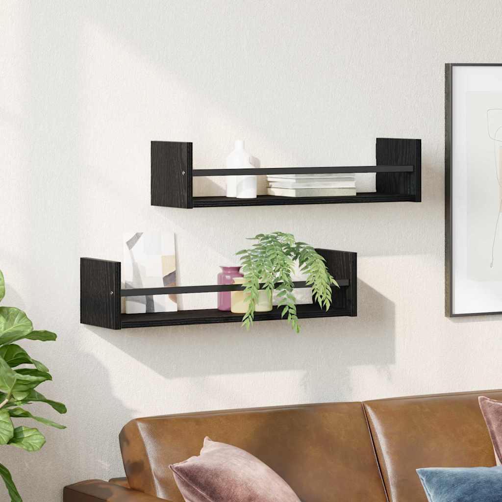 vidaXL Wall Shelf Wall-mounted 2 pcs Black Oak 60 x 16 x 14 cm