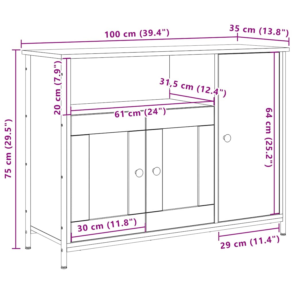 vidaXL Sideboard Artisan Oak 100 x 35 x 75 cm