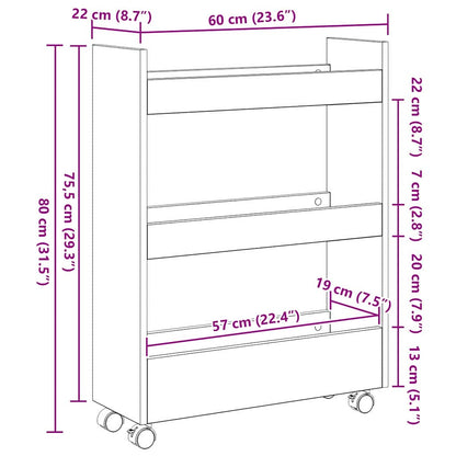 vidaXL Narrow Storage Trolley Black Oak 60 x 22 x 80 cm