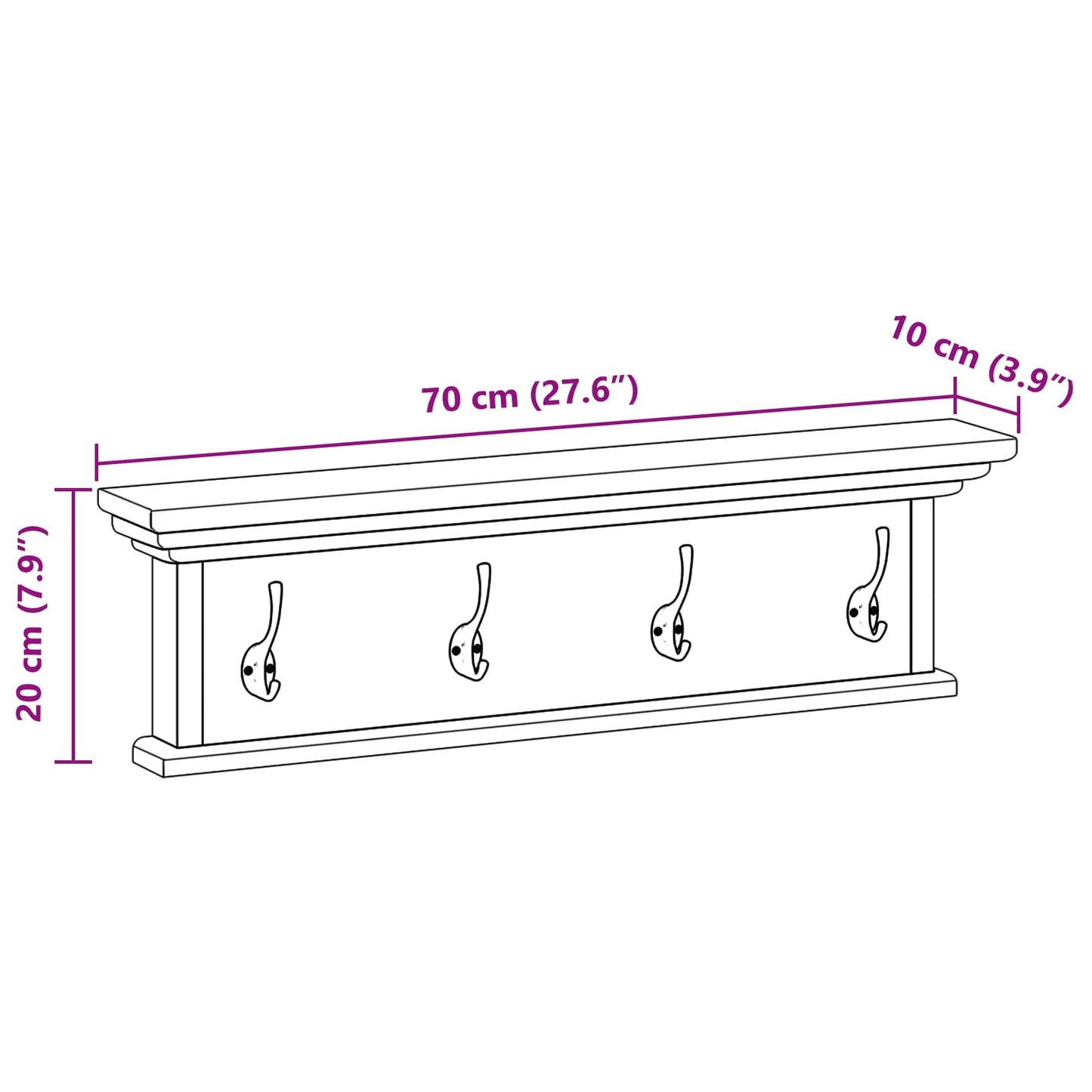 vidaXL Wall Mounted Coat Rack Natural 70 x 10 x 20 cm Solid Teak Wood
