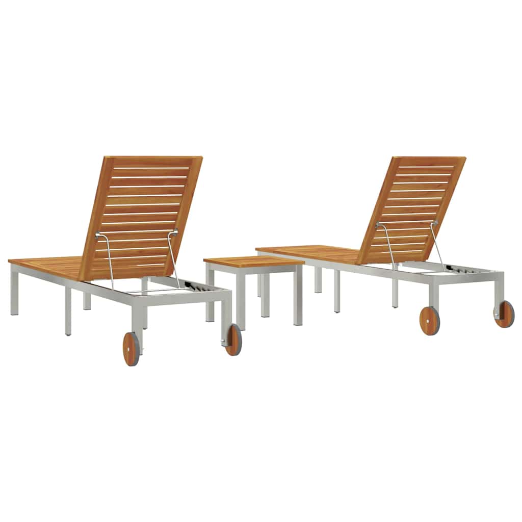 vidaXL Lounger 3 pcs Brown Solid Acacia Wood and Stainless Steel