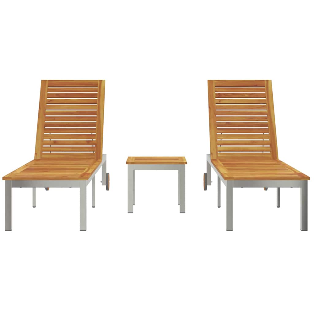 vidaXL Lounger 3 pcs Brown Solid Acacia Wood and Stainless Steel