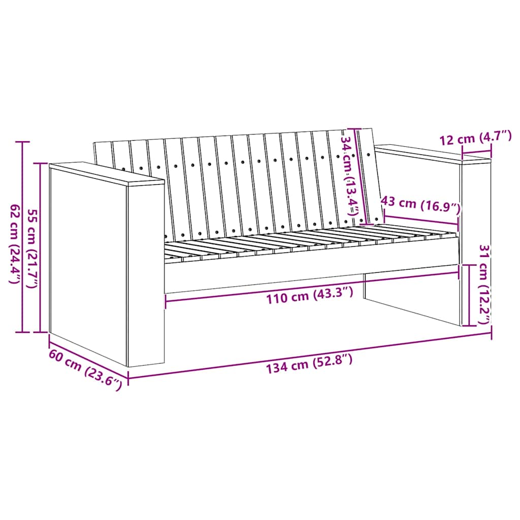 vidaXL Garden Sofa Natural 134 x 60 x 62 cm Solid Pine Wood