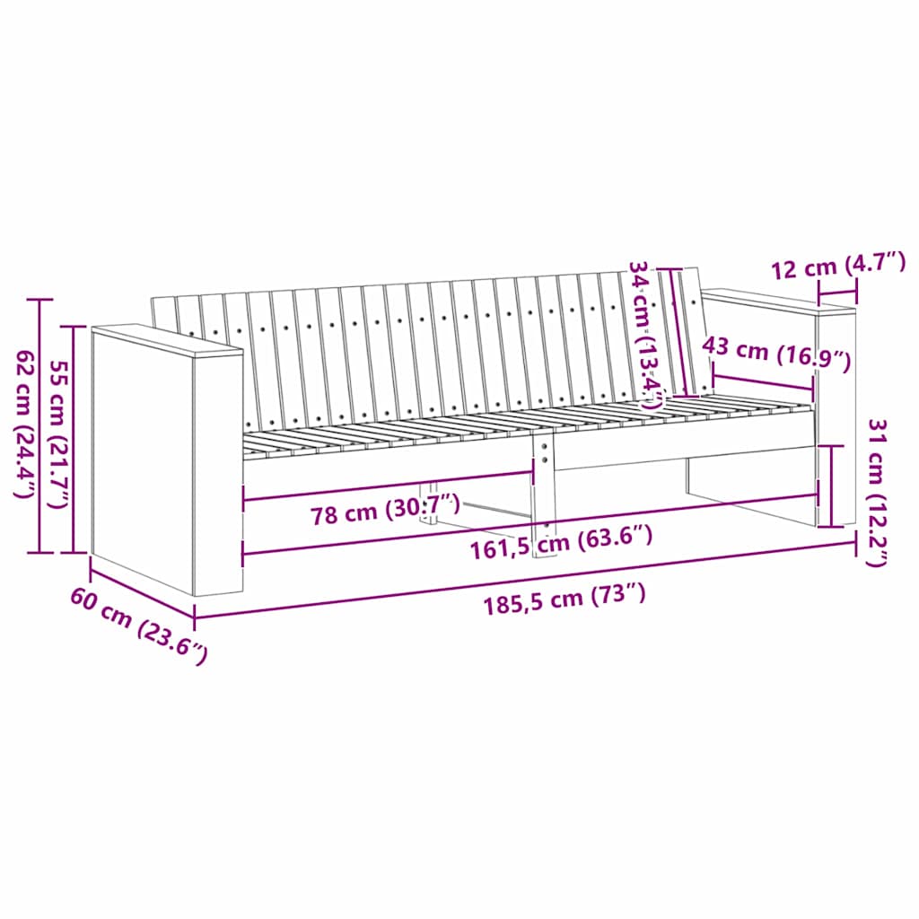 vidaXL Garden Sofa Natural 185.5 x 60 x 62 cm Solid Pine Wood