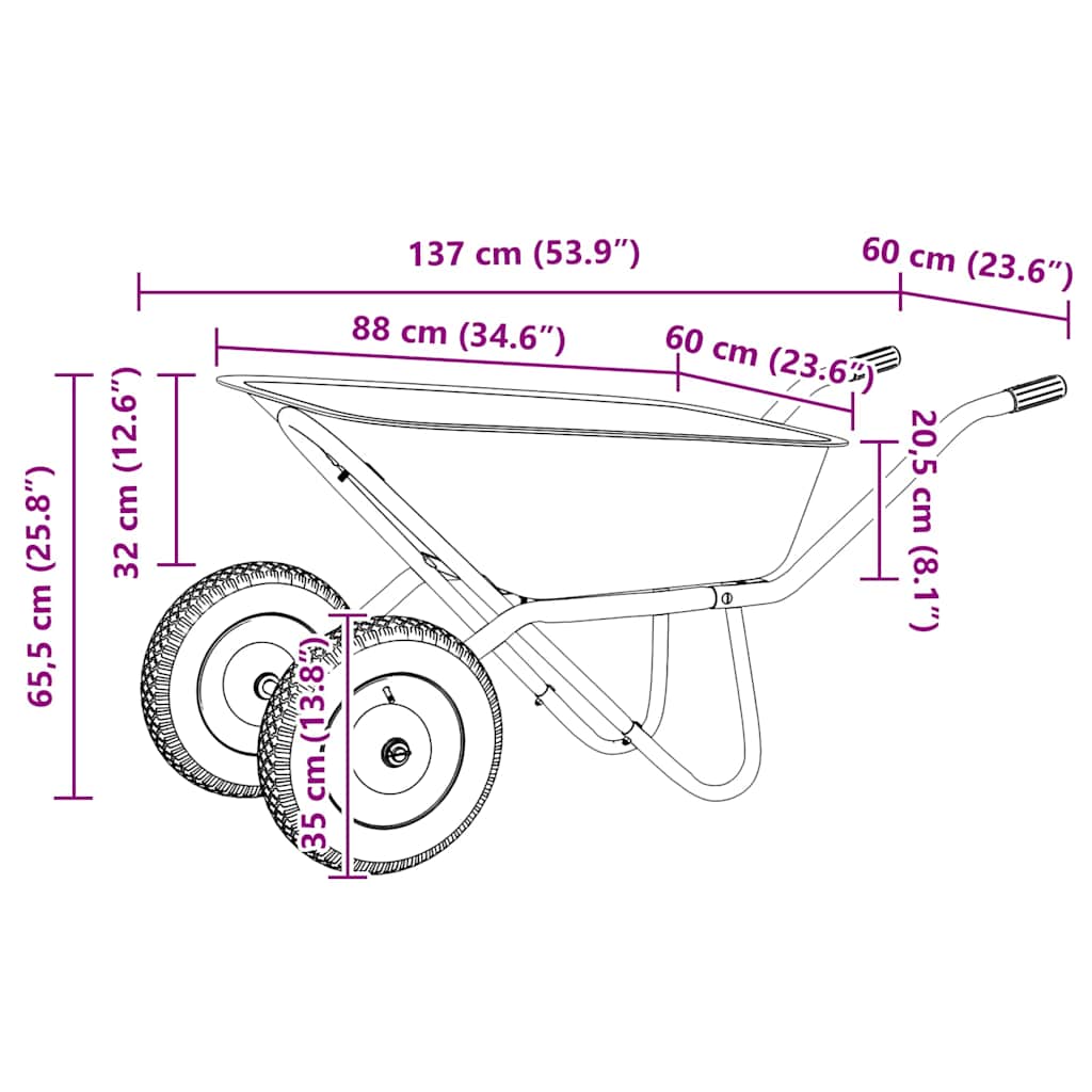 vidaXL Wheelbarrow Silver and Black 137 x 60 x 65.5 cm Steel