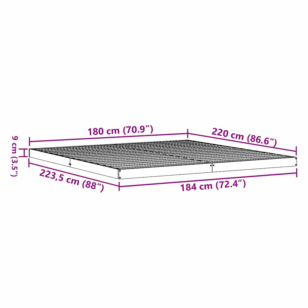 vidaXL Floor Bed Frame Natural 180 x 220 cm Solid Pine Wood