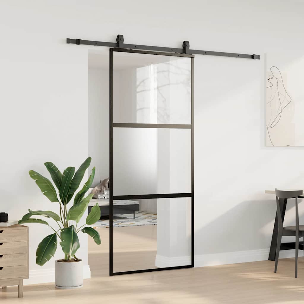 vidaXL Sliding Door with Hardware Set Black 90x205 cm Tempered Glass