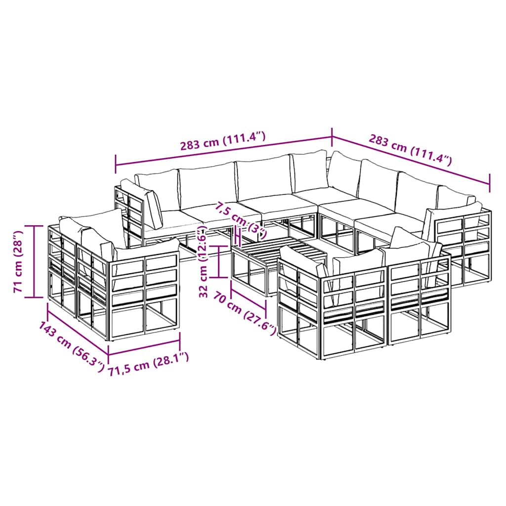 vidaXL Garden Sofa Set with Cushion 12 pcs Black Aluminium