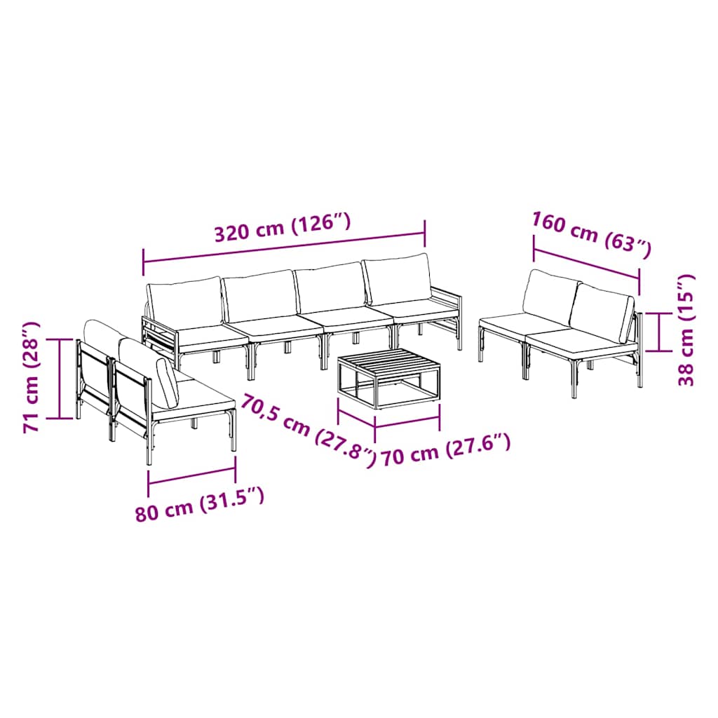 vidaXL Garden Sofa Set with Cushion 9 pcs Black Steel