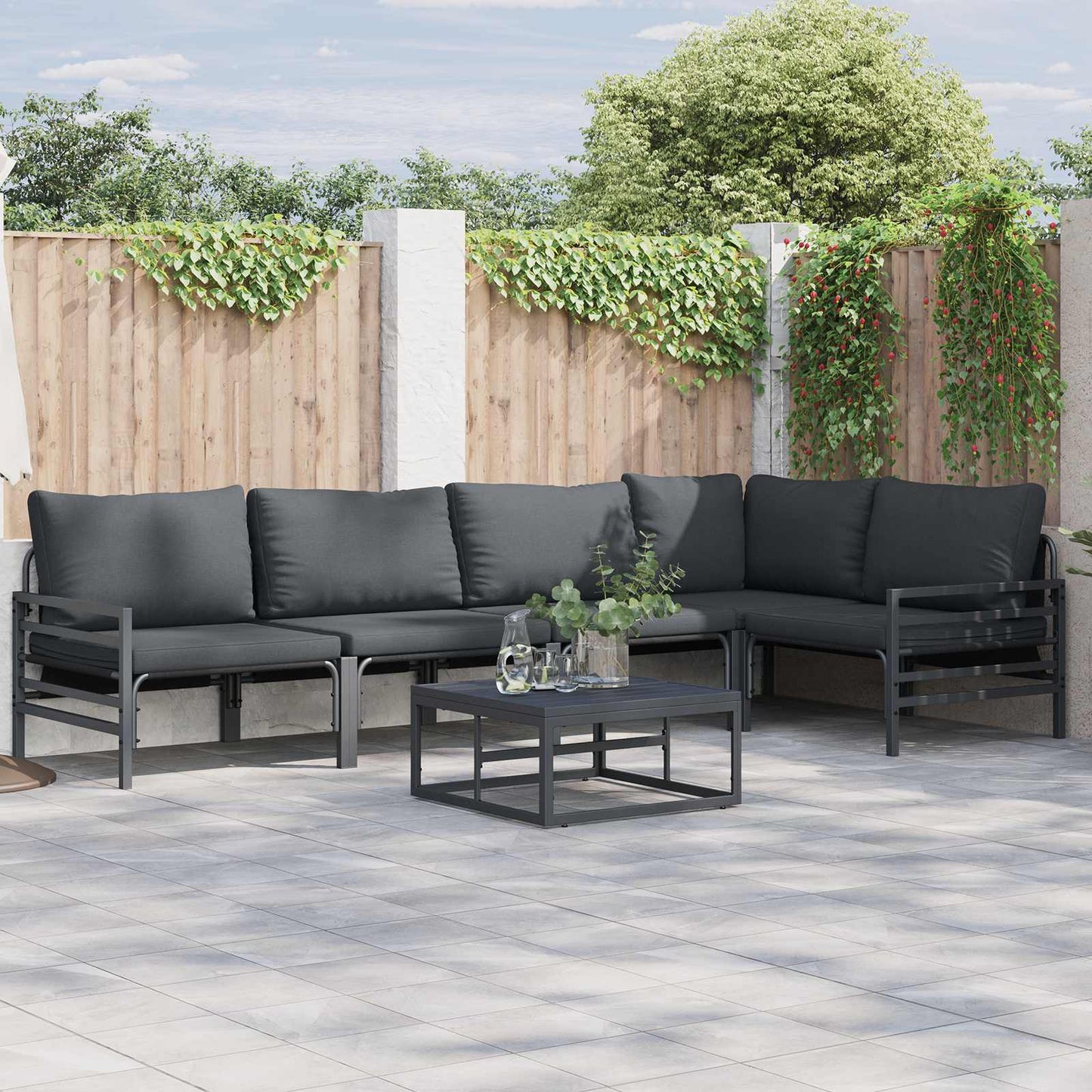 vidaXL Garden Sofa Set with Cushion 5 pcs Black Steel