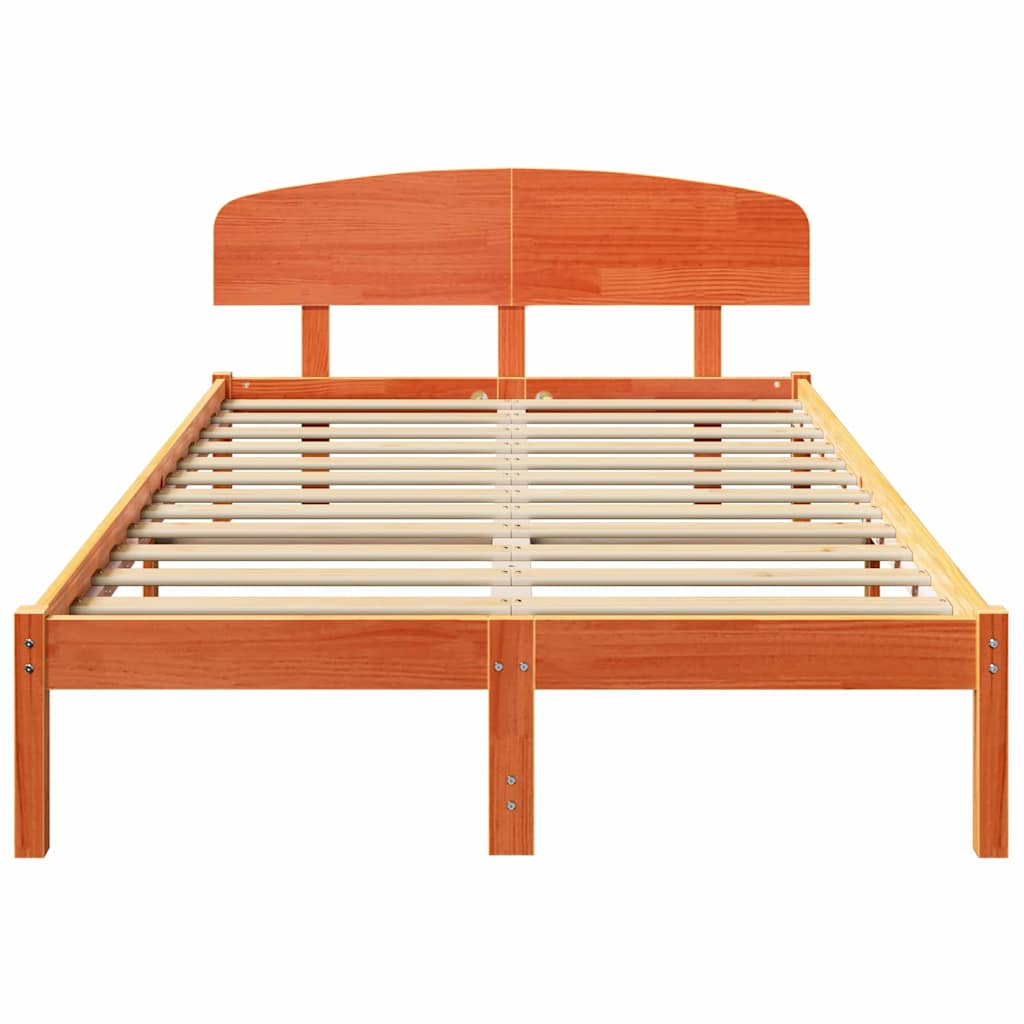 vidaXL Bed Frame with Headboard Wax Brown 135 x 190 cm Solid Pine Wood