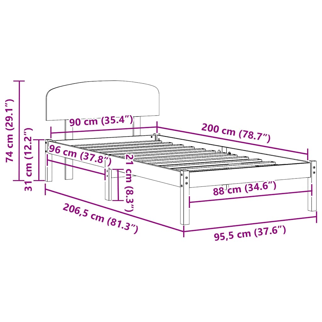 vidaXL Bed Frame with Headboard White 90 x 200 cm Solid Pine Wood