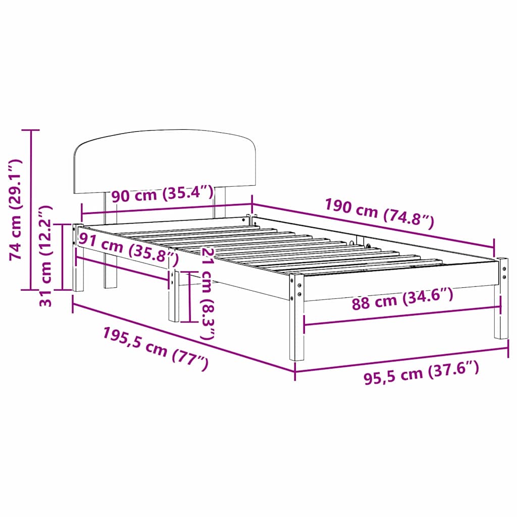 vidaXL Bed Frame with Headboard White 90 x 190 cm Solid Pine Wood