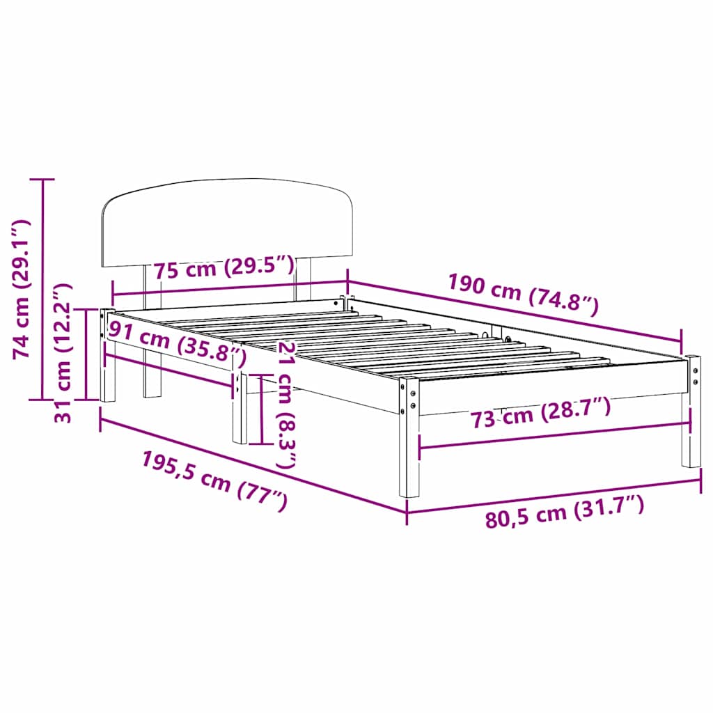 vidaXL Bed Frame with Headboard Wax Brown 75 x 190 cm Solid Pine Wood