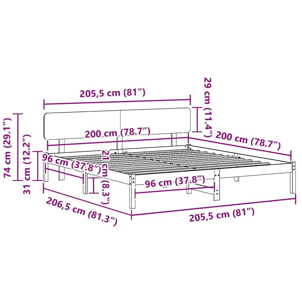 vidaXL Bed Frame with Headboard Natural 200 x 200 cm Solid Pine Wood