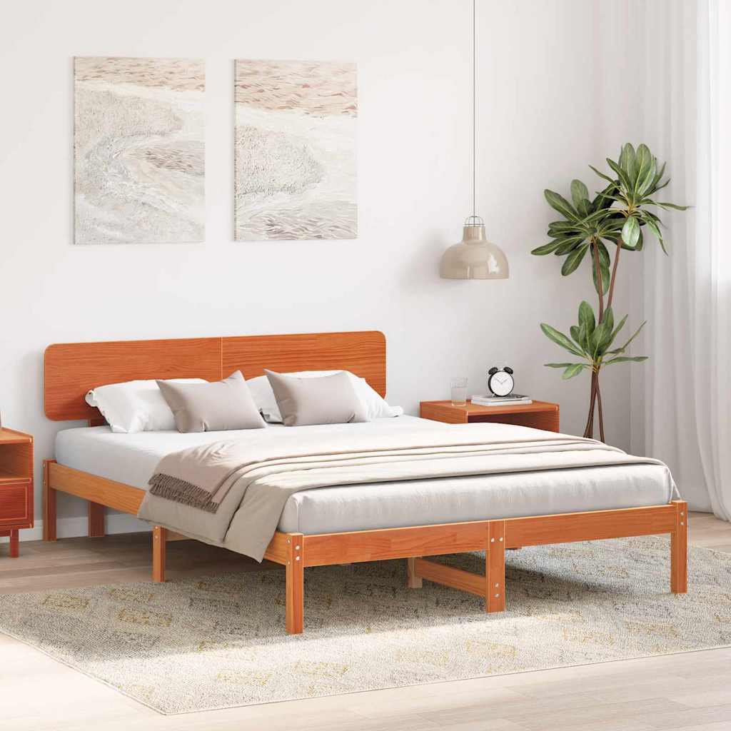 vidaXL Bed Frame with Headboard Wax Brown 200 x 200 cm Solid Pine Wood