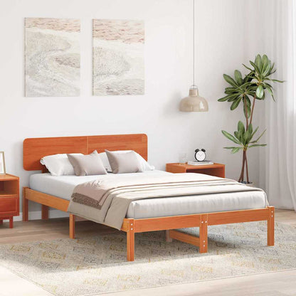 vidaXL Bed Frame with Headboard Wax Brown 135 x 190 cm Solid Pine Wood