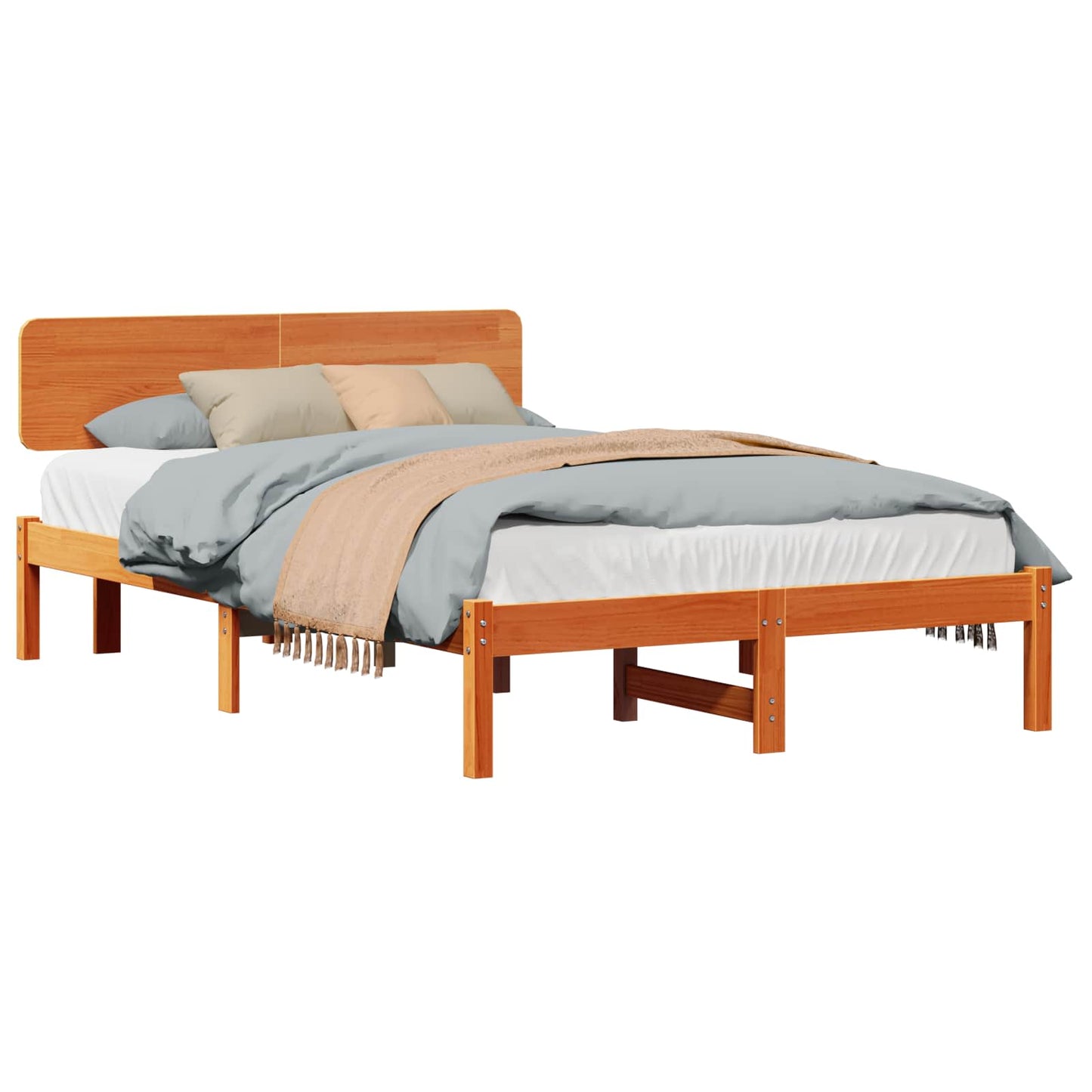 vidaXL Bed Frame with Headboard Wax Brown 135 x 190 cm Solid Pine Wood