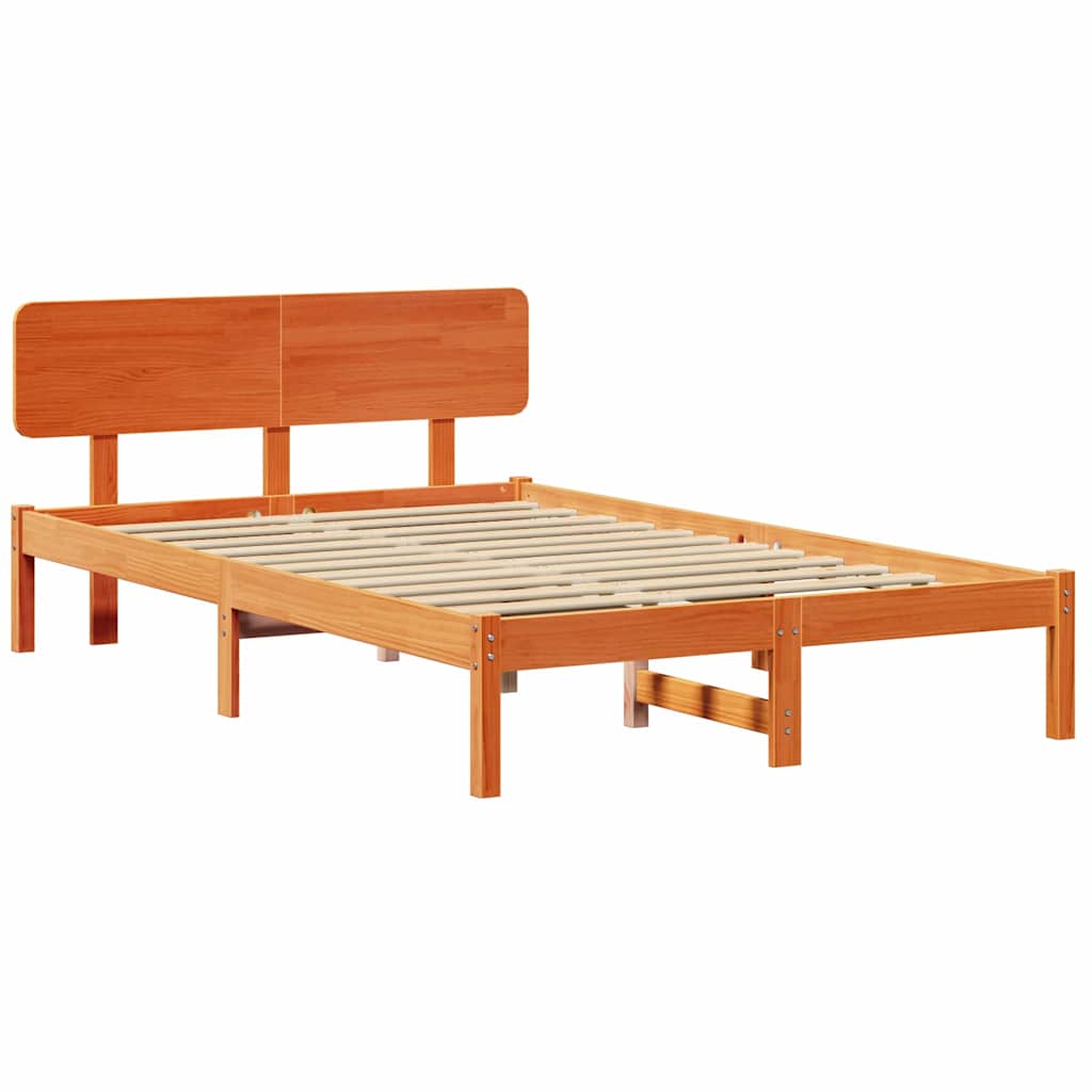 vidaXL Bed Frame with Headboard Wax Brown 135 x 190 cm Solid Pine Wood