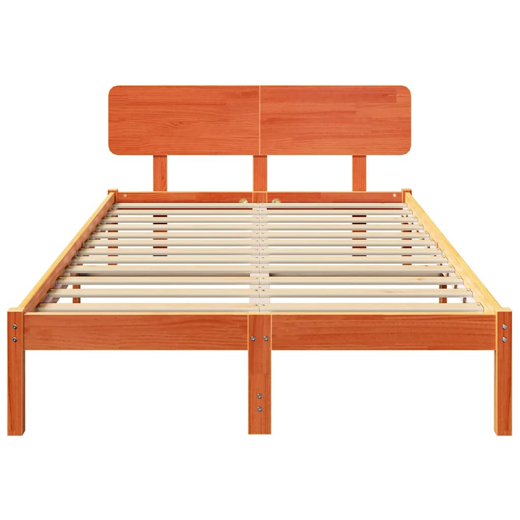 vidaXL Bed Frame with Headboard Wax Brown 135 x 190 cm Solid Pine Wood