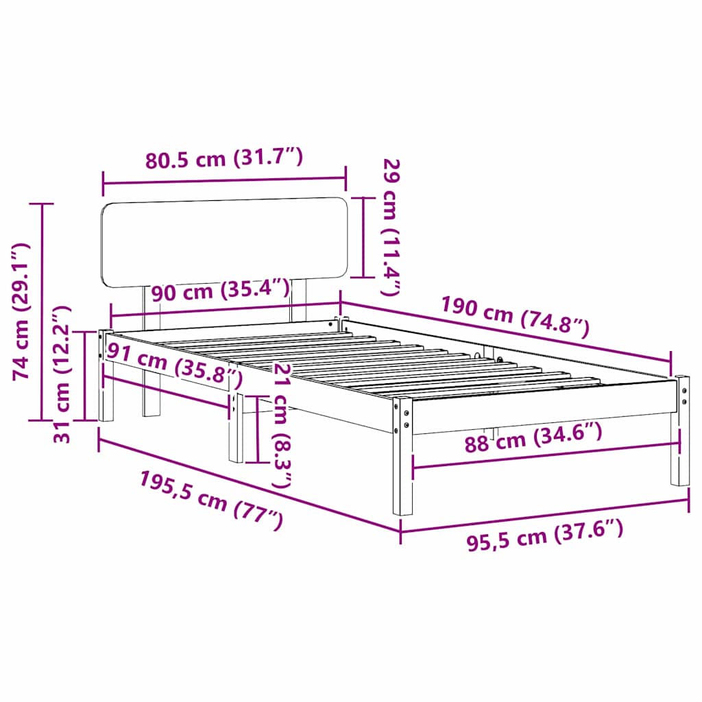 vidaXL Bed Frame with Headboard Wax Brown 90 x 190 cm Solid Pine Wood