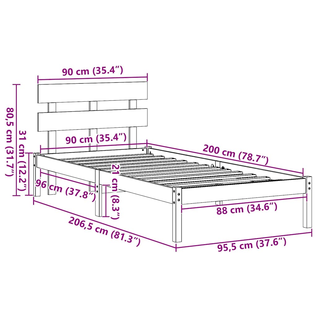 vidaXL Bed Frame with Headboard Brown 90 x 200 cm Solid Pine wood