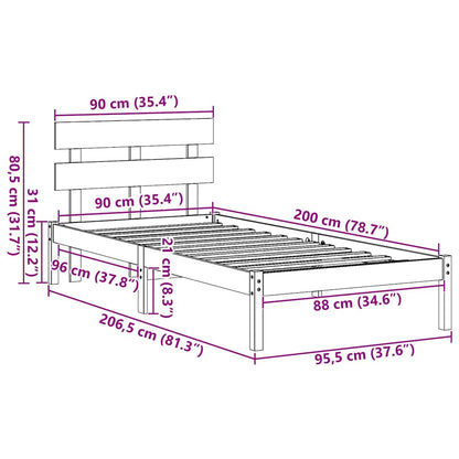 vidaXL Bed Frame with Headboard Brown 90 x 200 cm Solid Pine wood