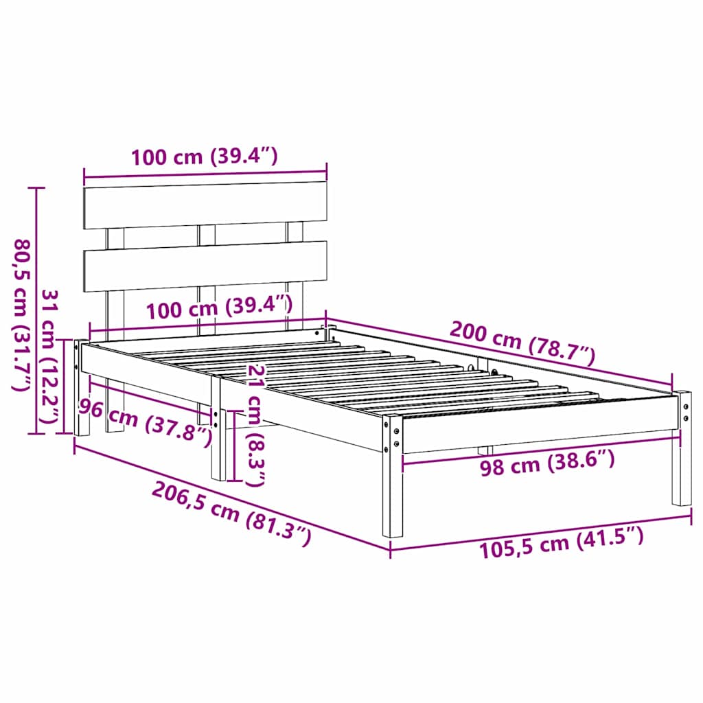 vidaXL Bed Frame with Headboard Brown 100 x 200 cm Solid Pine wood