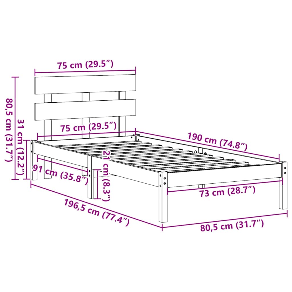 vidaXL Bed Frame with Headboard Brown 75 x 190 cm Solid Pine wood